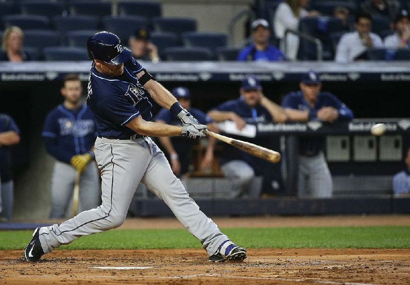 Tampa Bay second baseman Logan Forsythe (Arkansas Razorbacks), shown hitting a two-run double in the Rays’ 6-3 loss to the New York Yankees on Friday, has a .298 batting average this season with 2 home runs and 7 RBI. 