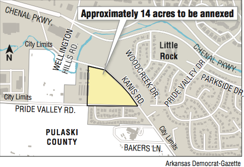 Map showing the location of Approximately 14 acres to be annexed in Little Rock 