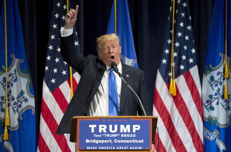 Republican presidential candidate Donald Trump speaks during a campaign rally in Bridgeport, Conn., Saturday, April 23, 2016. (AP Photo/Michael Dwyer)