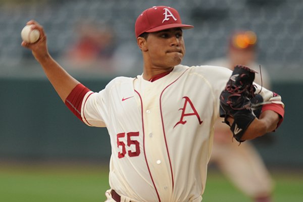 Arkansas starter Isaiah Campbell delivers against Creighton Tuesday, April 19, 2016, during the second inning at Baum Stadium in Fayetteville. 