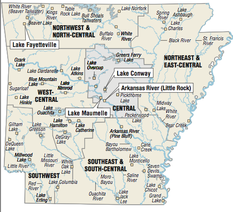 A map showing the location of Arkansas fishing spots.

