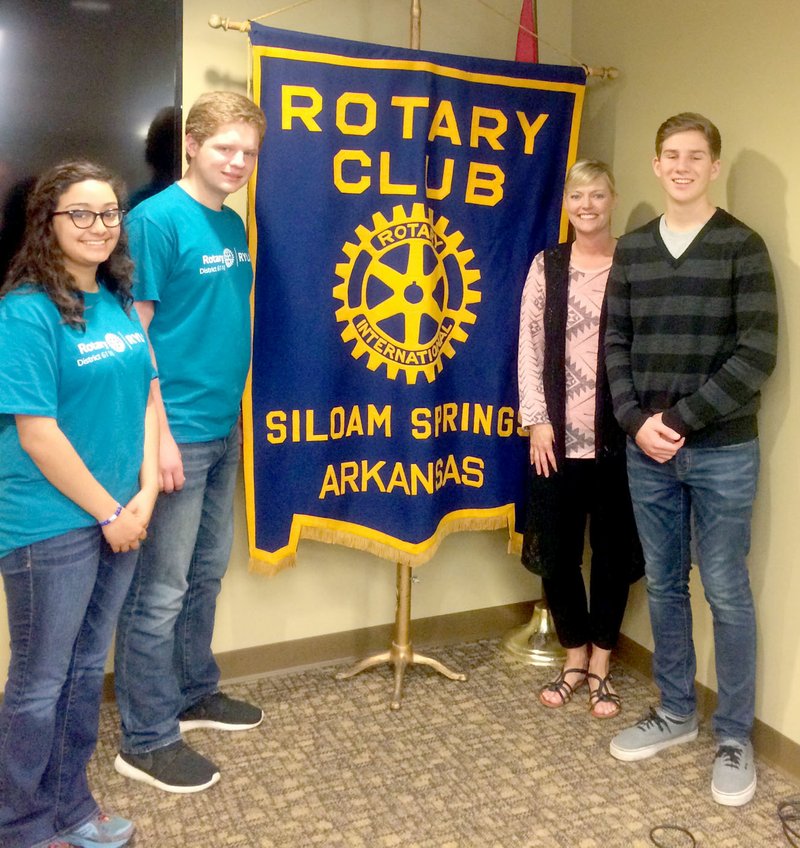Photo submitted Students from Siloam Springs High School gave a report about their experience at Rotary Youth Leadership Awards camp on Tuesday, April 19, to the Siloam Springs Rotarians. This year&#x2019;s event was held April 14-17 at the Salvation Army&#x2019;s &#x201c;Heart of the Hills&#x201d; campground in Welling, Okla. Pictured from left to right are Lilieen Mejia, John Salley, Krystal Wheat with the high school and Kip Dooley. Also attending the RYLA event but not pictured was Alison Creasey, who had a prior conflicting commitment at school. RYLA is a leadership and training program designed to develop youth leaders, by breaking them out of their comfort zones and encouraging service above self. RYLA gives students the confidence to communicate ideas and impact their community and beyond, by becoming life changers in the lives of those that they come in contact with. RYLA is a Rotary sponsored event, focused on students in their junior year of high school. The reports from all three students indicated that their RYLA experience exceeded their expectations and taught them many life lessons in a very short amount of time.