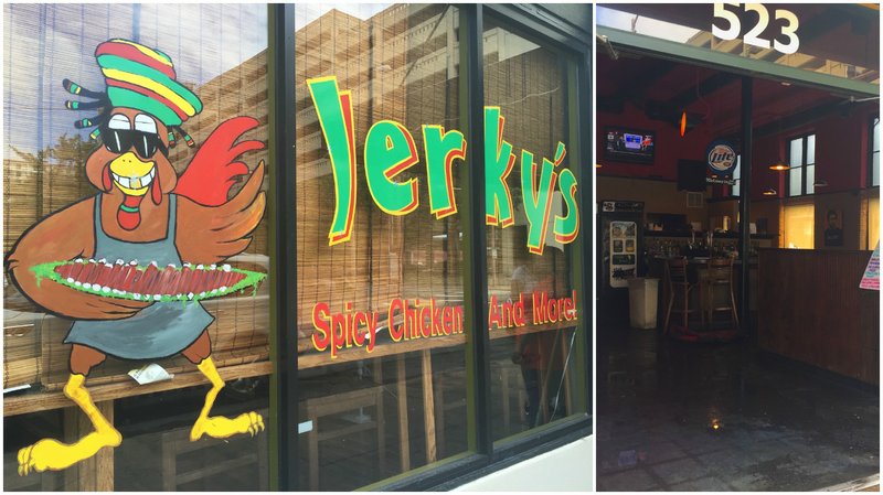 Two downtown Little Rock eateries — Jerky’s Spicy Chicken and More, 521 Center St. (left), and EJ’s Eats and Drinks, 523 Center St., were forced to close temporarily Wednesday, April 27, 2016.