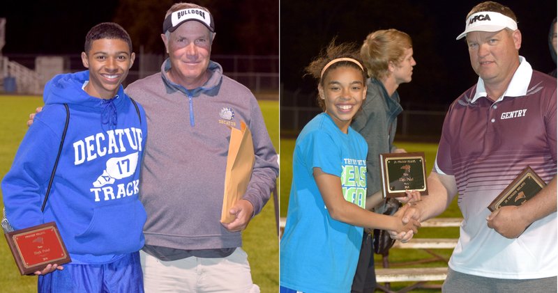 Tajae White of Decatur was the boys' high-point winner and Desi Meek of Decatur was the high-point winner for the girls. White received his plaque from Coach Holland of Decatur. Meek received her award from Coach Ramsey of Gentry.