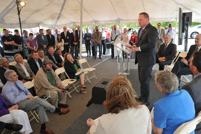 Rogers Mayor Greg Hines speaks Wednesday during a news conference to announce Mercy Northwest Arkansas’ plans to spend $247 million to expand its hospital and clinics. 