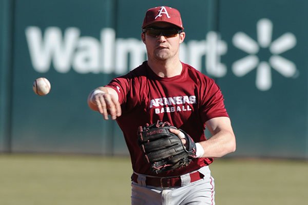 Cody Scroggins of Arkansas makes the relay to first base on Friday, Jan. 29, 2016, during practice at Baum Stadium in Fayetteville.