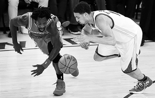 The Associated Press KLAY ROOTS: Houston Rockets' Patrick Beverley, left, and Golden State Warriors' Klay Thompson chase a loose ball during the first half in Game 5 of an NBA first-round playoff series Wednesday in Oakland, Calif. Thompson had 27 points mostly on seven three-pointers, leading the Warriors to a 114-81 victory and a 4-1 series win.