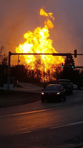 In this photo taken by Salem Township Supervisor Kerry Jobe, flames erupt during a natural gas explosion at a pipeline complex in Greensburg, Pa., on Friday, April 29, 2016. 