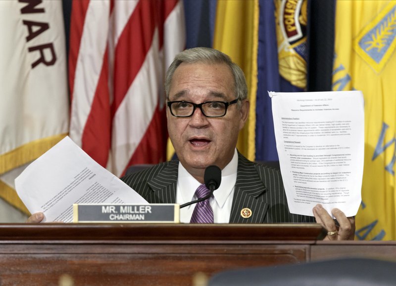 In this July 24, 2014, file photo, House Veterans Affairs Committee Chairman Jeff Miller, R-Fla., holds up two pages of resource requests from the Department of Veterans Affairs on Capitol Hill in Washington.  