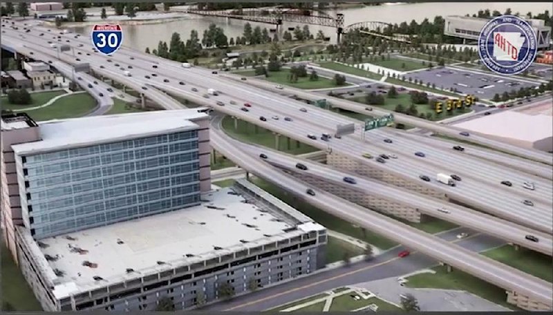 A 3D rendering that depicts the Interstate 30 corridor 6-lane and collector/distributor lanes alternative with a new interchange at Cantrell Road in downtown Little Rock.