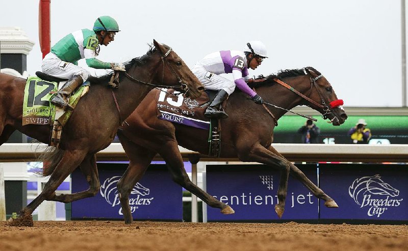 Nyquist (right), with jockey Mario Gutierrez aboard, is undefeated in seven starts, including the Breeders’ Cup Juvenile at Keeneland in Lexington, Ky. 