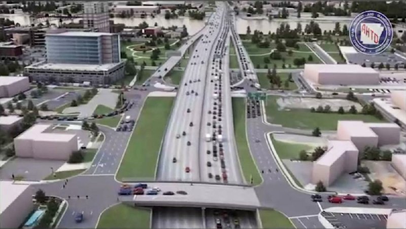 A 3D rendering that depicts the Interstate 30 corridor 8-lane alternative that moves the existing Cantrell Road interchange further south from the existing interchange.
