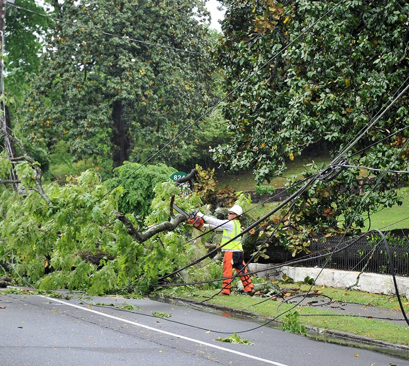 The Sentinel-Record/Mara Kuhn DOWNED TREE: Emergency crews clear a downed tree Saturday at 824 Park Ave. Downed trees or power lines were reported in numerous locations in the county on Saturday.