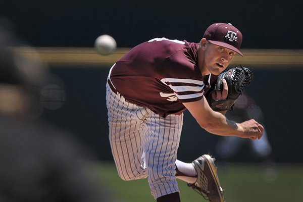 Texas A&M pitcher Kyle Simonds throws during a game against Arkansas on Sunday, May 1, 2016, at Baum Stadium in Fayetteville. 