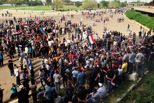 Supporters of Shiite cleric Muqtada al-Sadr attend a sit-in inside Baghdad's highly fortified Green Zone on Sunday, May 1, 2016. Anti-government protesters stormed parliament in a major escalation of a political crisis that has simmered for months.