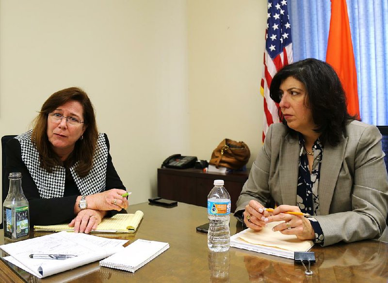 Maureen McCormick (left), chief of vehicular crimes at the Nassau County district attorney’s office, and Nassau County District Attorney Madeline Singas talk about the rise in synthetic drugs and its impact on drugged driving during an interview April 25 in Mineola, N.Y. 