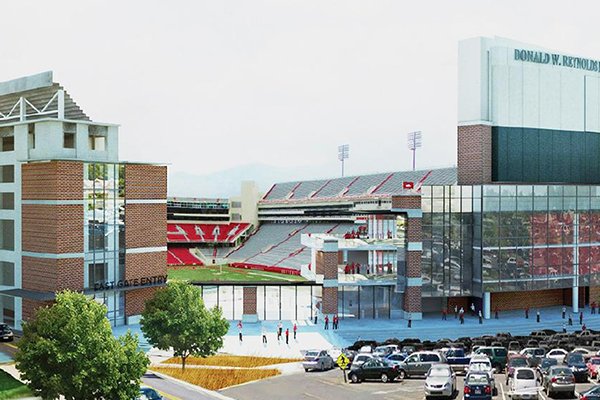 An artist's rendering shows what a proposed expansion to Donald W. Reynolds Razorback Stadium in Fayetteville might look like. The UA athletics department estimates the project would add about 4,800 seats and cost $160 million.