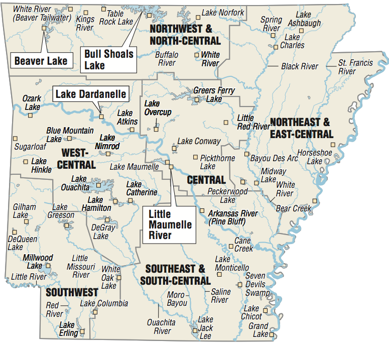 A map showing the location of Arkansas fishing spots.
