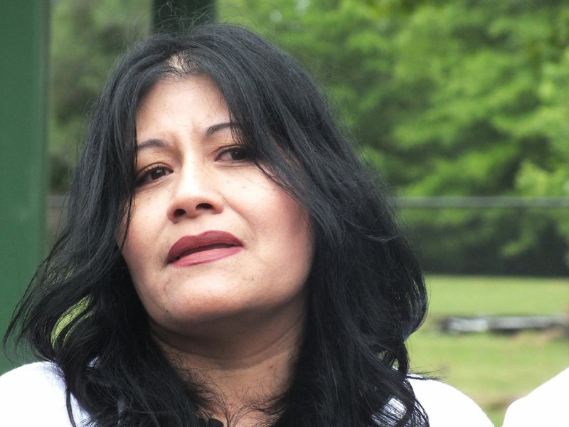 Jose Lopez/ NWA Democrat-Gazette Margarita Rodriguez speaks during the ribbon cutting for the Eliana Chacon Memorial Park Saturday April 30, 2016, in south Siloam Springs. Rodriguez&#8217;s daughter, Eliana Chacon, was 15 when she died May 2, 2008, after a tornado ripped through the area, causing a tree to fall on top of her in the family&#8217;s trailer as she slept. The city of Siloam Springs bought Rosebud Trailer Park, the site of this tragedy, in 2013 to turn it into the Chacon Park, with construction beginning Jan. 11, 2016.