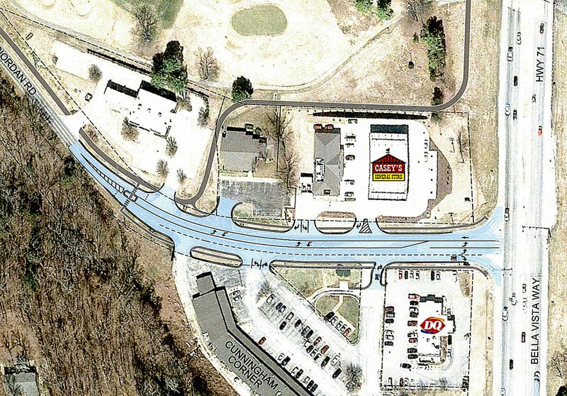 Image from Bella Vista City Hall This drawing shows the preliminary plan for reconfiguring the Riordan Road Intersection with U.S. Highway 71, which is also known as Bella Vista Way.