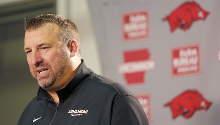 Arkansas coach Bret Bielema speaks to reporters on Thursday, May 5, 2016, at Fred W. Smith Center in Fayetteville. 