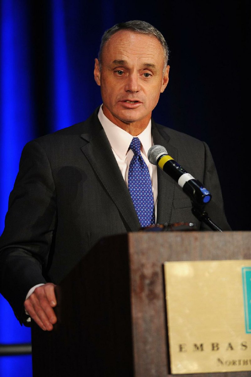 Major League Baseball Commissioner Rob Manfred speaks Wednesday, May 4, 2016, during the Eighth Circuit Judicial Conference at the John Q. Hammons Center in Rogers.
