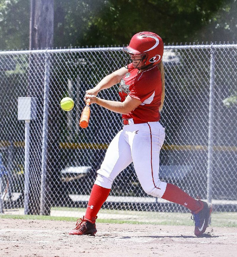 Brookland’s Rachel Thompson gets a hit during Friday’s Class 4A-East regional softball game against eStem in Lonoke. Brookland won 18-3.  