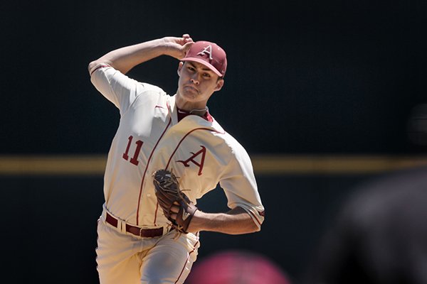 Arkansas' Keaton McKinney throws a pitch during a game against Texas A&M on Sunday, May 1, 2016, at Baum Stadium in Fayetteville. 