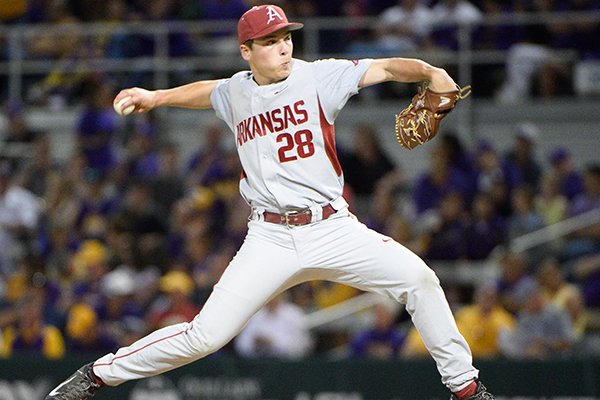 Arkansas pitcher James Teague prepares to throw during a game Friday, May 6, 2016, at Alex Box Stadium in Baton Rouge, La. 