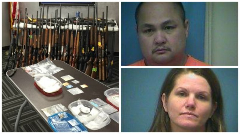 Police in Benton seized drugs and guns during a raid Thursday, and arrested Kongkeomany Phimmachack (top right) and Michelle Isom. 
