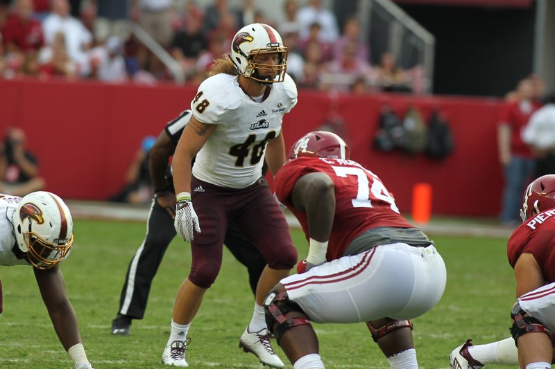 Former University of Louisiana-Monroe player Hunter Kissinger (40) faces Alabama on Sept. 26 at Bryant-Denny Stadium in Tuscaloosa, Ala. Kissinger was contacted by the New York Jets after the NFL draft.