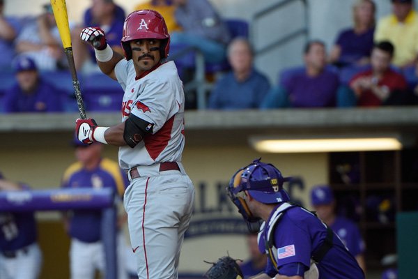 Arkansas' Michael Bernal prepares to bat during a game against LSU on Saturday, May 7, 2016, at Alex Box Stadium in Baton Rouge, La. 