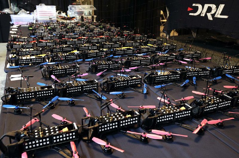 Drones are readied before races held by the Drone Racing League at a vacant mall in Hawthorne, Calif., in March.