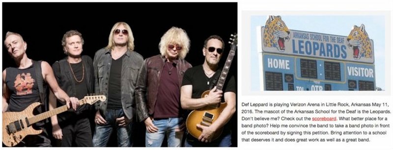 Def Leppard, left, and a screenshot of a Change.org petition seeking to have the band take a photo at the Arkansas School for the Deaf.