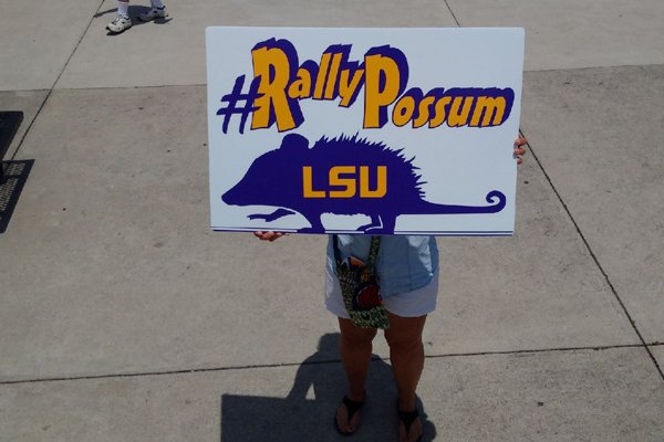 An LSU fan holds up a sign prior to a game against Arkansas on Sunday, May 8, 2016, at Alex Box Stadium in Baton Rouge, La. 