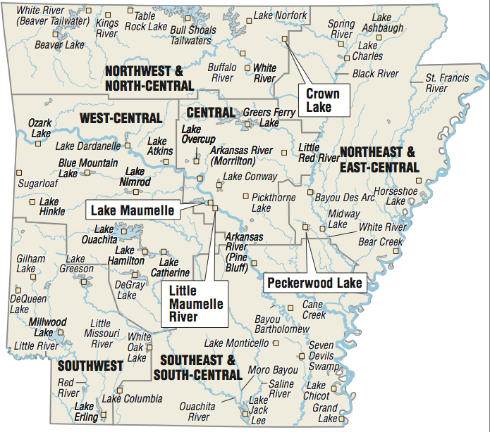 A map showing the location of Arkansas fishing spots.