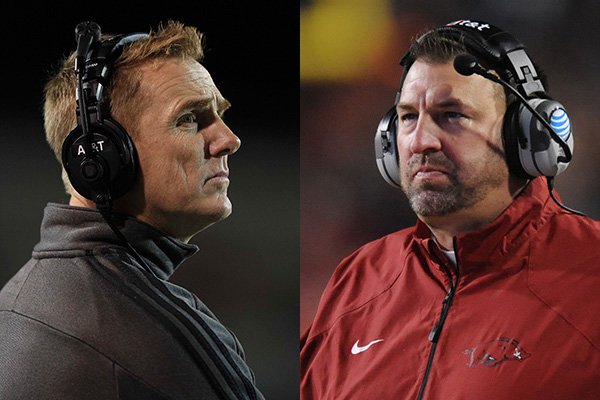 Arkansas State coach Blake Anderson, left, and Arkansas coach Bret Bielema will be coaches at a camp at War Memorial Stadium on Sunday, June 5. 