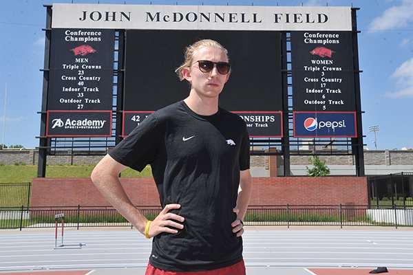 Arkansas' Jack Bruce poses for a picture on Tuesday, May 10, 2016, at John McDonnell Field in Fayetteville. 