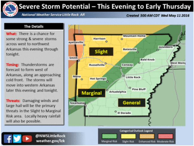 This National Weather Service graphic details areas where forecasters believe severe weather is possible Thursday.