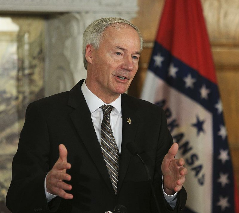 Gov. Asa Hutchinson is shown at a press conference from May, 2016.