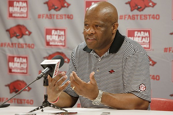 Arkansas coach Mike Anderson speaks to the media during a news conference Thursday, May 12, 2016, at Bud Walton Arena in Fayetteville. 