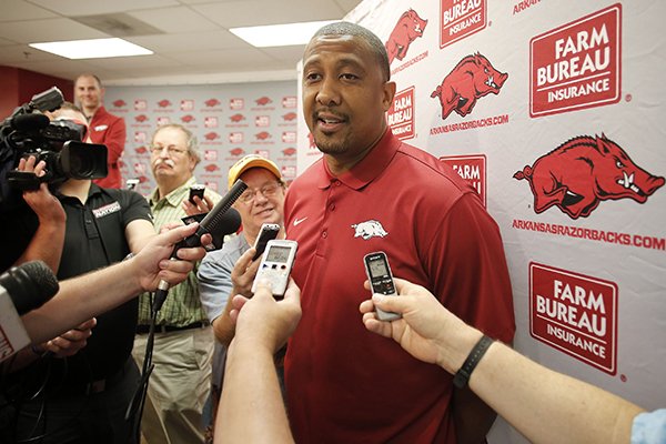 Arkansas assistant coach Scotty Thurman speaks to the media during a news conference Thursday, May 12, 2016, at Bud Walton Arena in Fayetteville. 