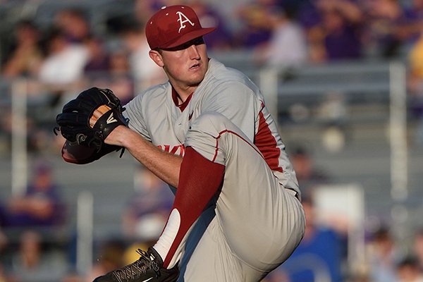 Arkansas' Zach Jackson prepares to throw a pitch during a game against LSU on Saturday, May 7, 2016, at Alex Box Stadium in Baton Rouge, La. 