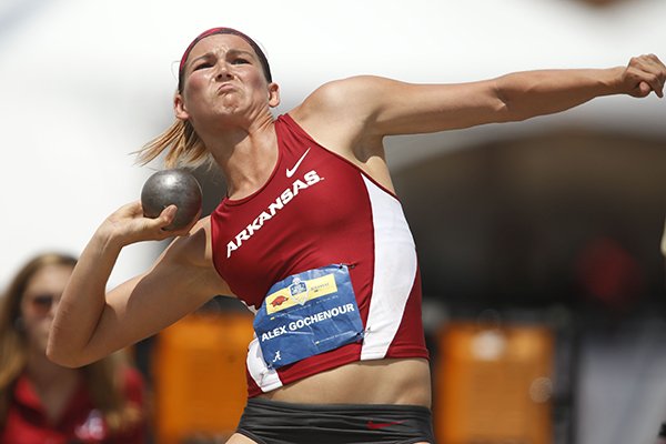 Arkansas' Alex Gochenour throws the shot put during the heptathlon during the first day of the Southeastern Conference track and field meet Thursday, May 12, 2016, in Tuscaloosa, Ala. (Gary Cosby Jr.,/Tuscaloosa News via AP)