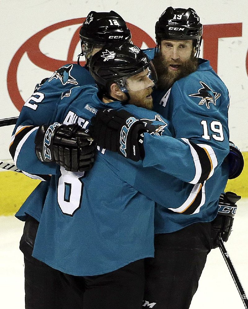 Joe Pavelski (left) and Joe Thornton (right) each scored a goal for the San Jose Sharks, who beat the Nashville Predators 5-0 in Game 7 of the NHL Western Conference semifinals Thursday night. 