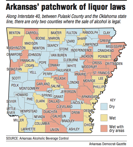 Map showing Arkansas' liquor laws.