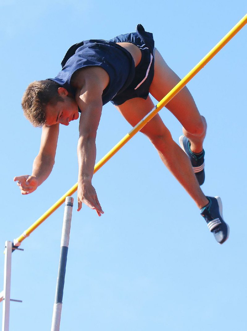 Zach McWhorter of Springdale Har-Ber won the boys pole vault at Saturday’s Meet of Champions in Russellville by clearing 16 feet, 10 inches. He tried to break the overall record of 17-1 by Mount Ida’s Andrew Irwin in 2011, but missed on three attempts at 17-1¼ .