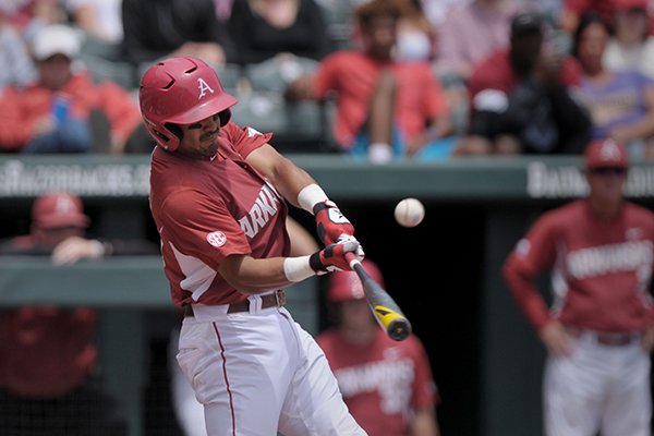 Arkansas' Michael Bernal bats during a game against Alabama on Sunday, May 15, 2016, at Baum Stadium in Fayetteville. 