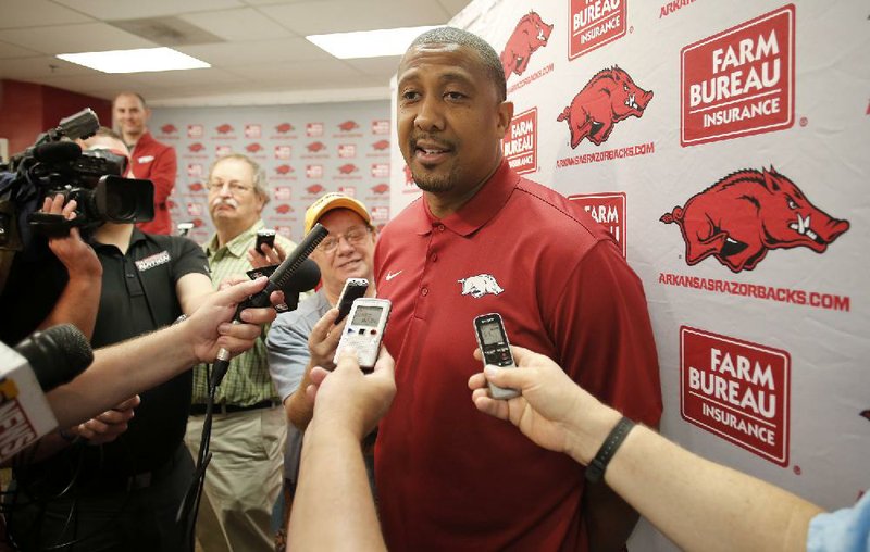 NWA Democrat-Gazette/DAVID GOTTSCHALK  Scotty Thurman discusses his promotion to assistant basketball coach for the University of Arkansas Razorback basketball team Thursday, May 12, 2016, at Bud Walton Arena on the campus in Fayetteville.
