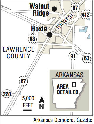 A map showing Walnut Ridge and Hoxie.